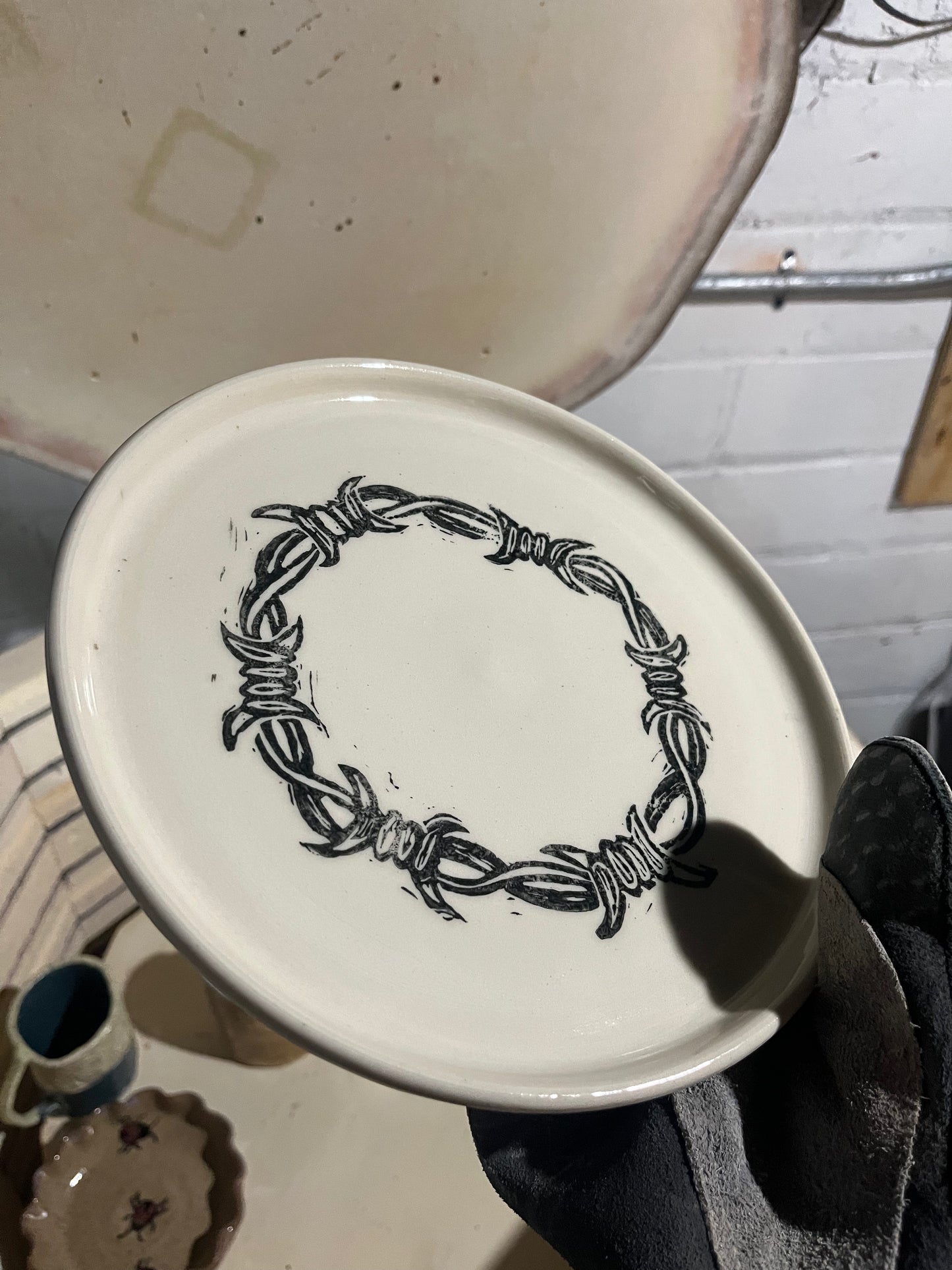 hand printed barbed wire ceramic plates