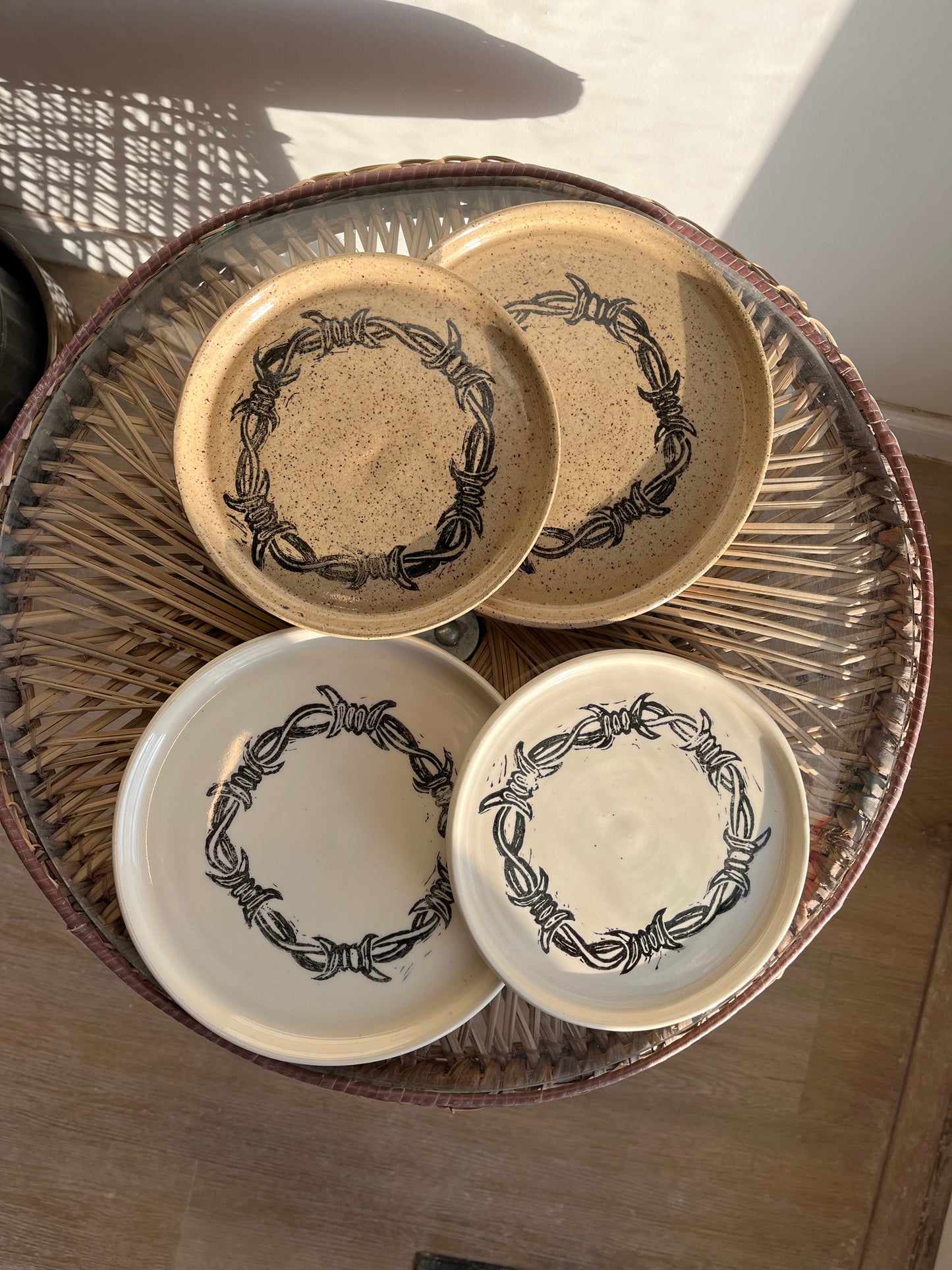 hand printed barbed wire ceramic plates